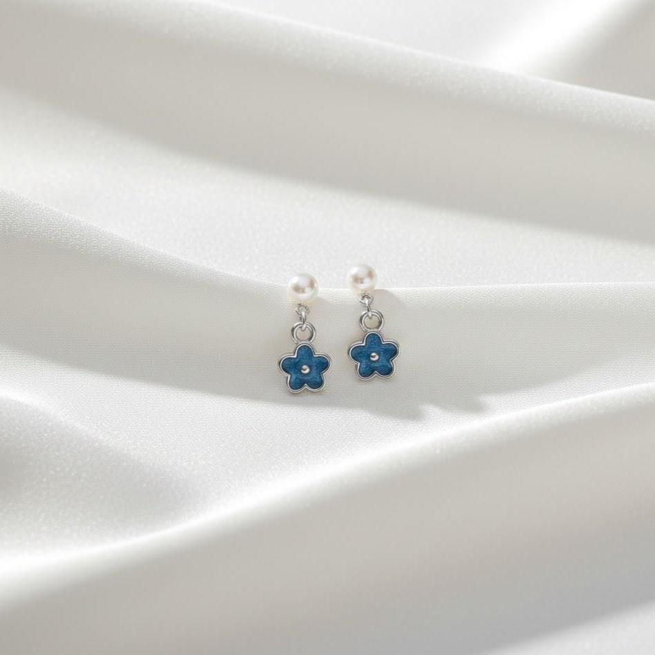 Flower Pearl Dangle Drop Earrings Sterling Silver