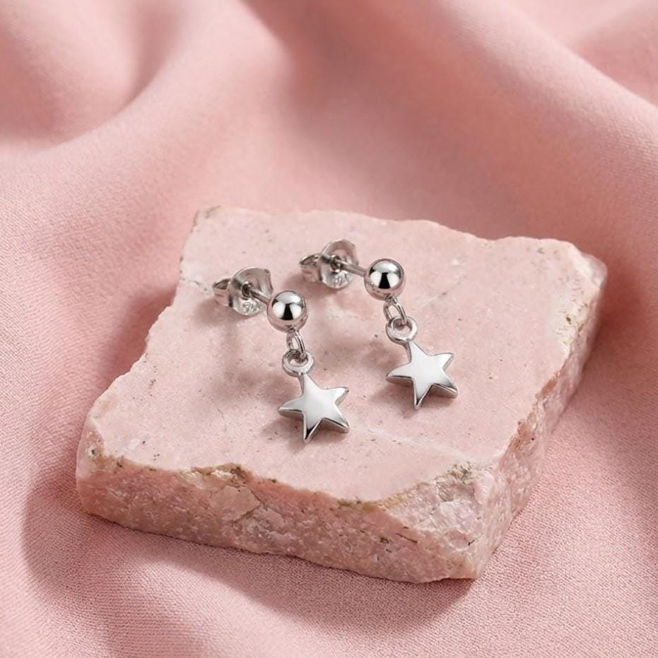 Sterling Silver Bead Star Charm Stud Earrings