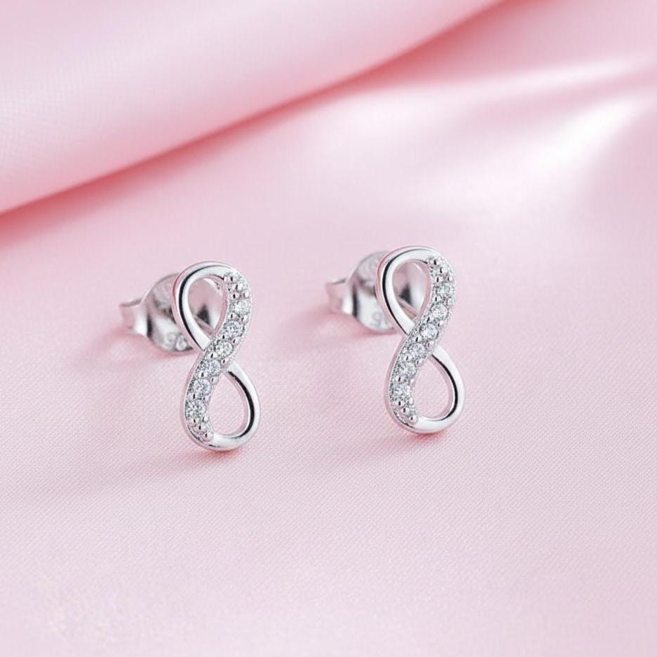 Sterling Silver Small Half CZ Infinity Stud Earrings