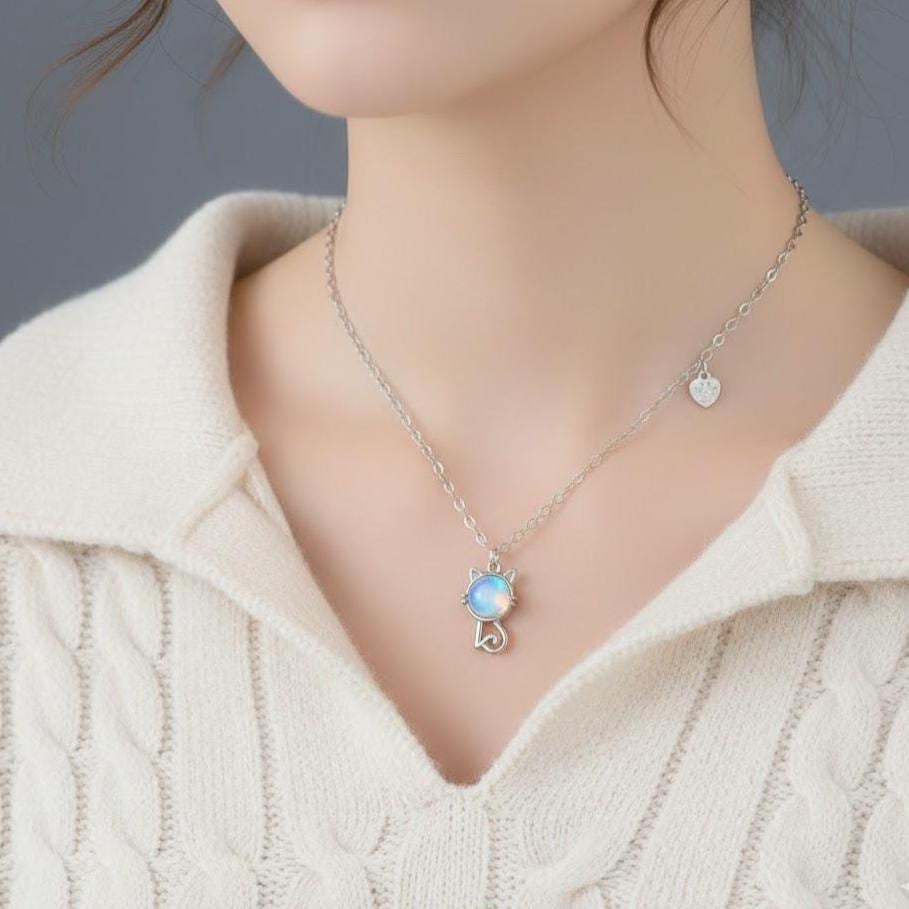 Moonstone Cat Heart Pendant Necklace in Sterling Silver