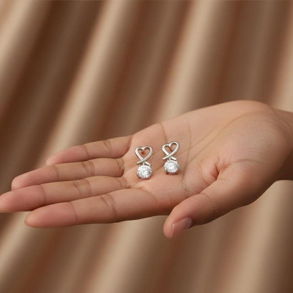 Sterling Silver Open Love Heart Ribbon CZ Drop Dangle Stud Earrings