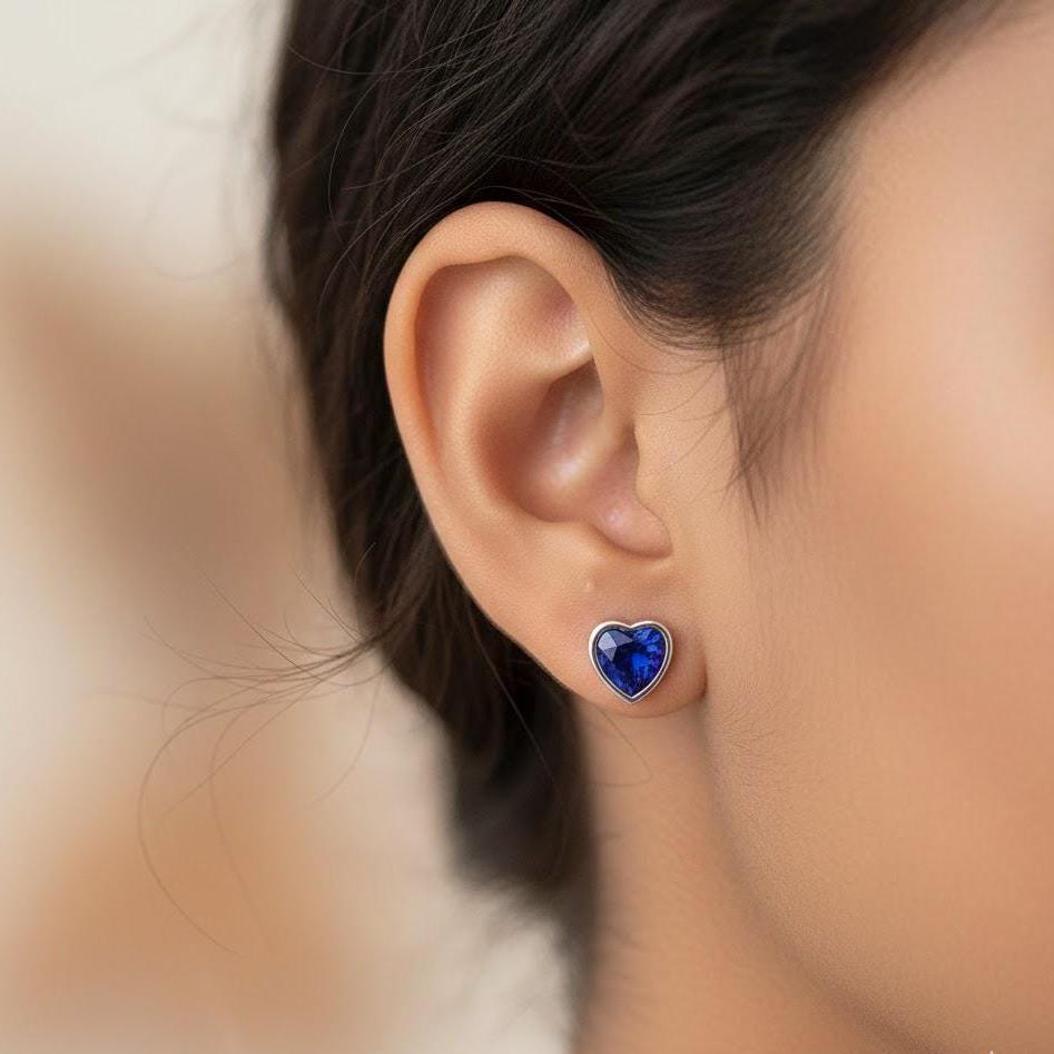 Sterling Silver Blue Crystal Ocean Heart Stud Earrings