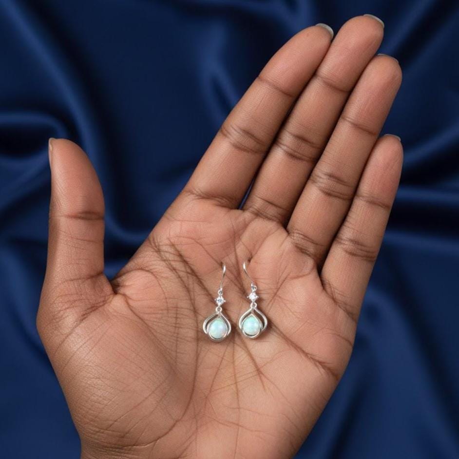 Sterling Silver Twist Opal Dangle Drop Earrings