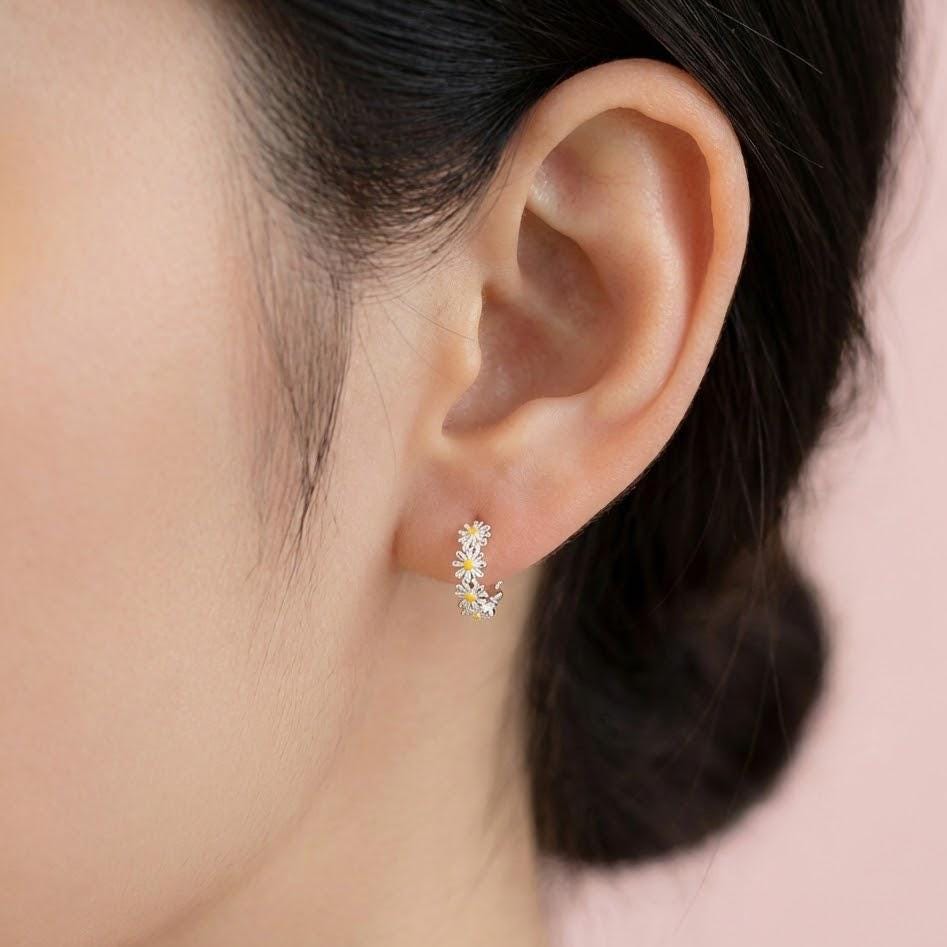 Sterling Silver Daisy Hoop Earrings | Dainty Flower Earrings