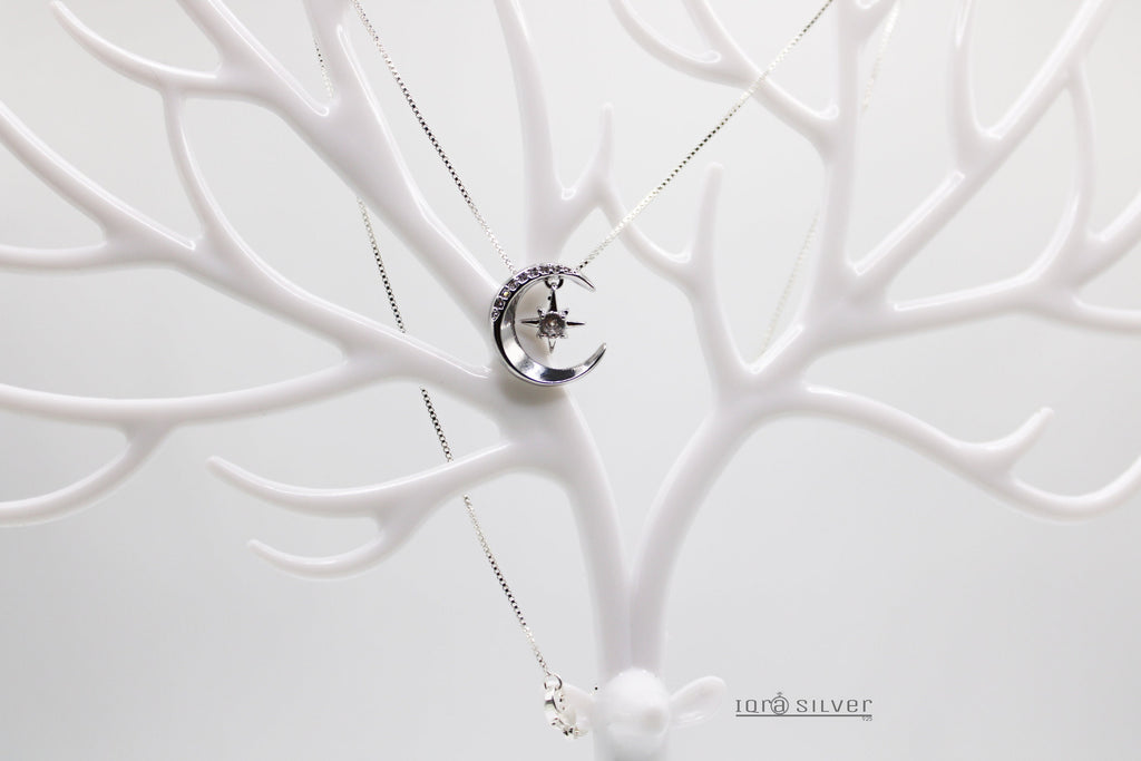 Sterling Silver Moon Star Pendant Necklace: Celestial Jewelry Gift