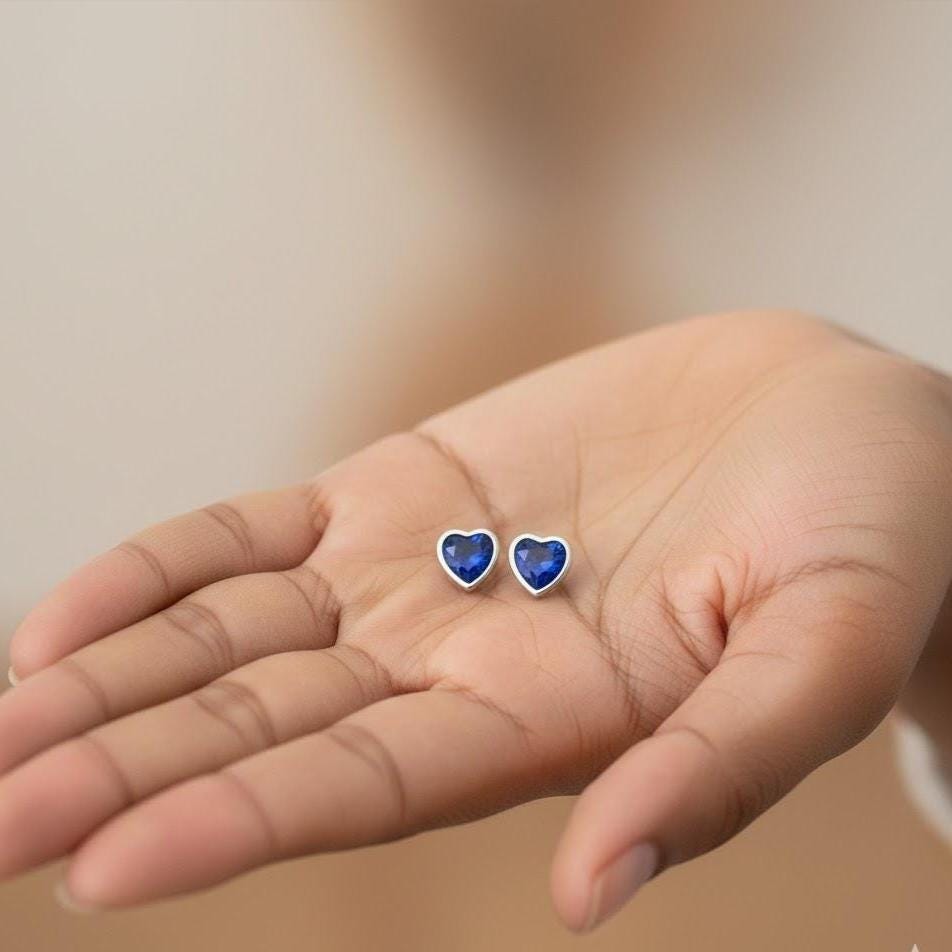 Sterling Silver Blue Crystal Ocean Heart Stud Earrings