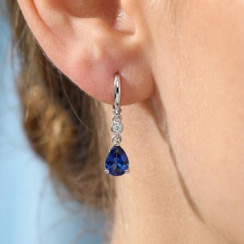 Sterling Silver Blue Pear Halo Drop Stud Earrings