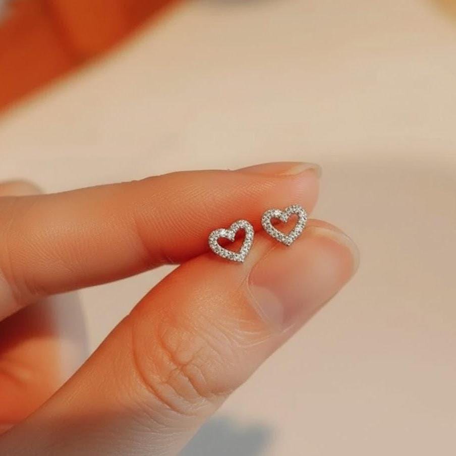 Sterling Silver Full Stone Heart Stud Earrings