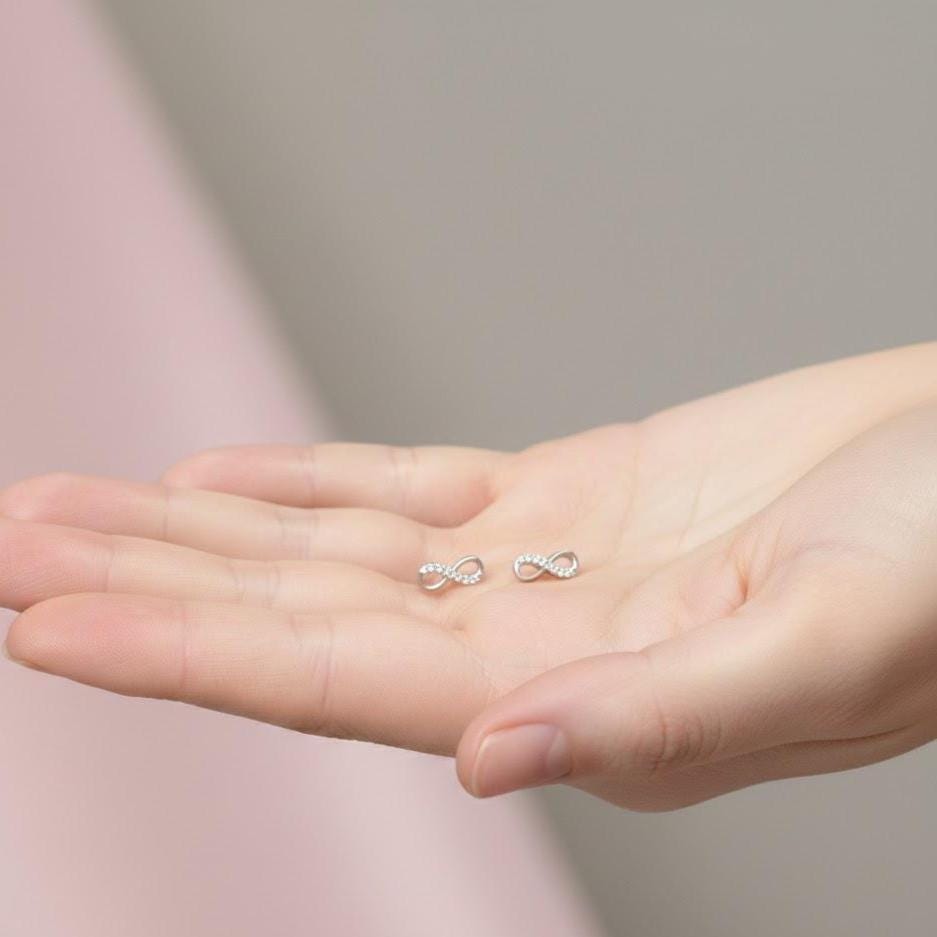 Sterling Silver Small Half CZ Infinity Stud Earrings