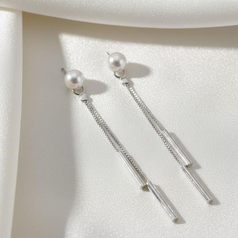 Long Chain Pearl Dangle Tassel Drop Earrings In Sterling Silver
