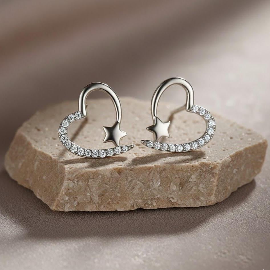 Sterling Silver Crystal Heart & Star Stud Earrings