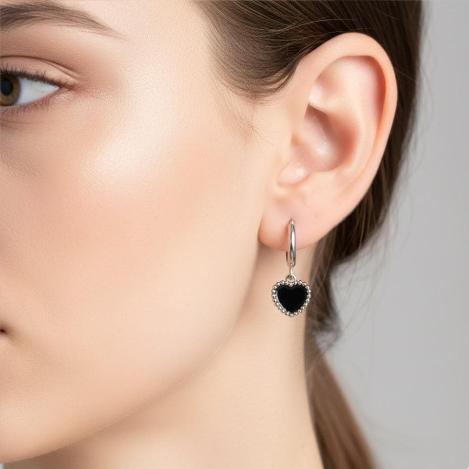 Sterling Silver Black Heart Hoop Earrings