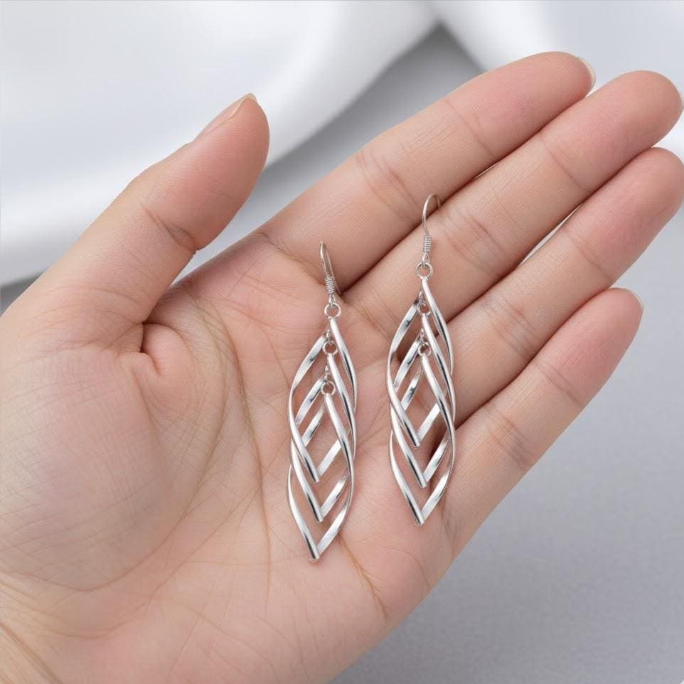 Pair of Sterling Silver Long Triple Leaf Drop Earrings