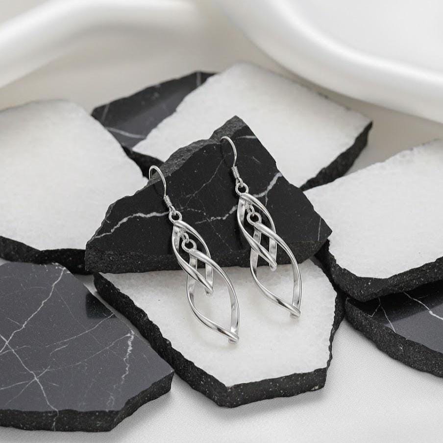 Sterling Silver Long Double Leaf Drop Dangle Earrings