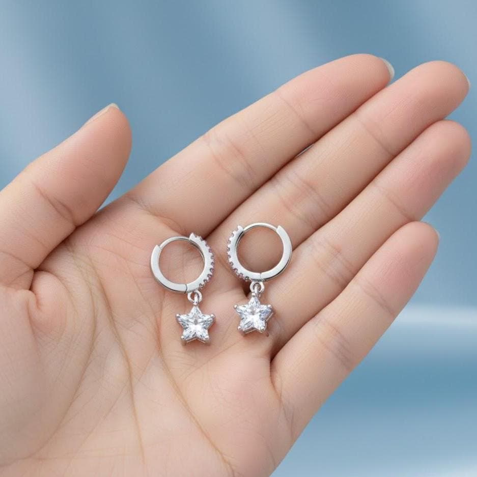 Sterling Silver Crystal Star Hoop Dangle Earrings