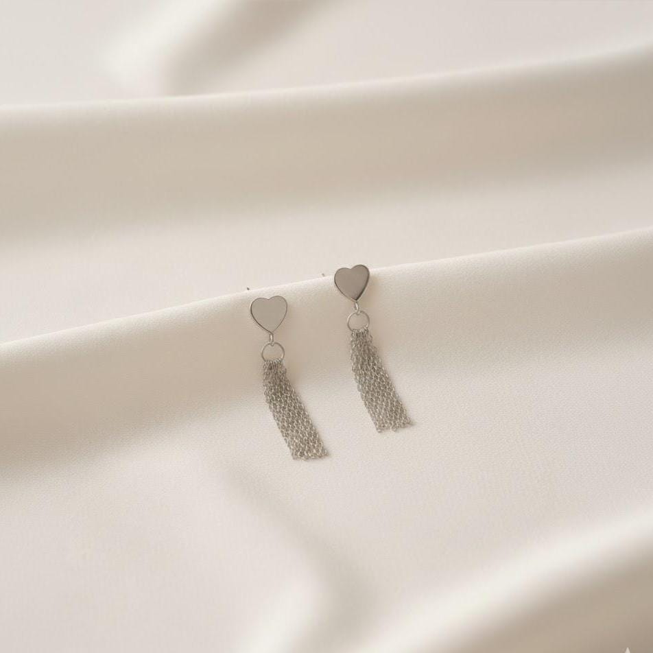 Sterling Silver Heart Tassel Stud Earrings