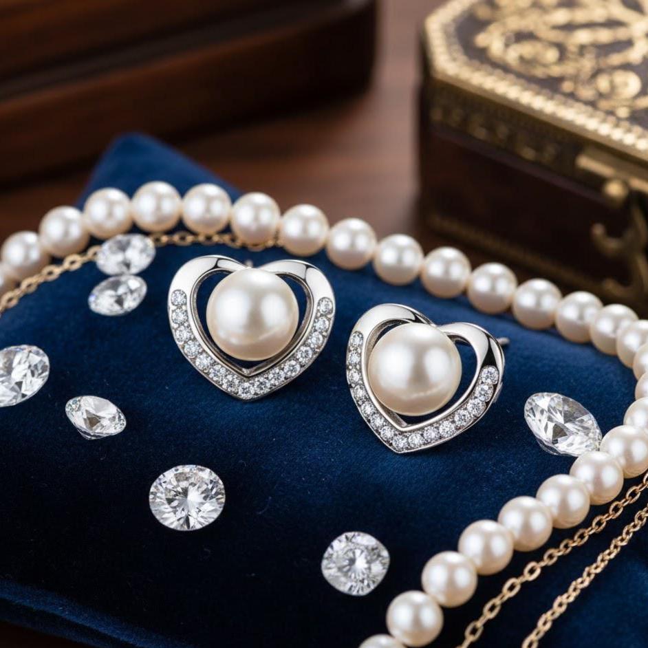 Sterling Silver Crystal Heart Pearl Stud Earrings