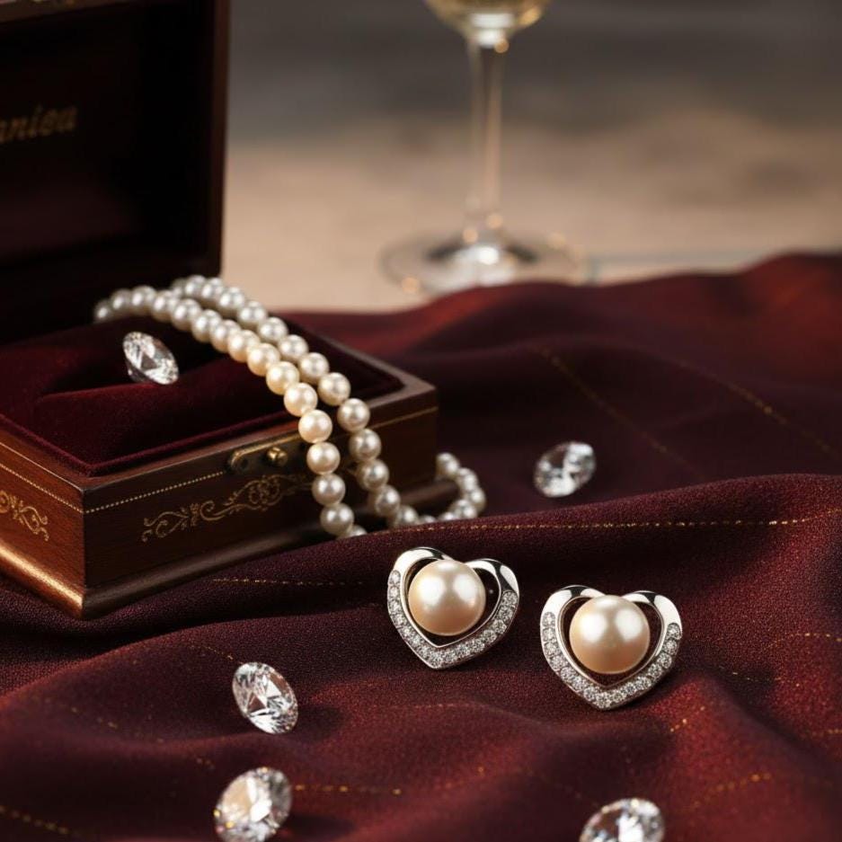 Sterling Silver Crystal Heart Pearl Stud Earrings