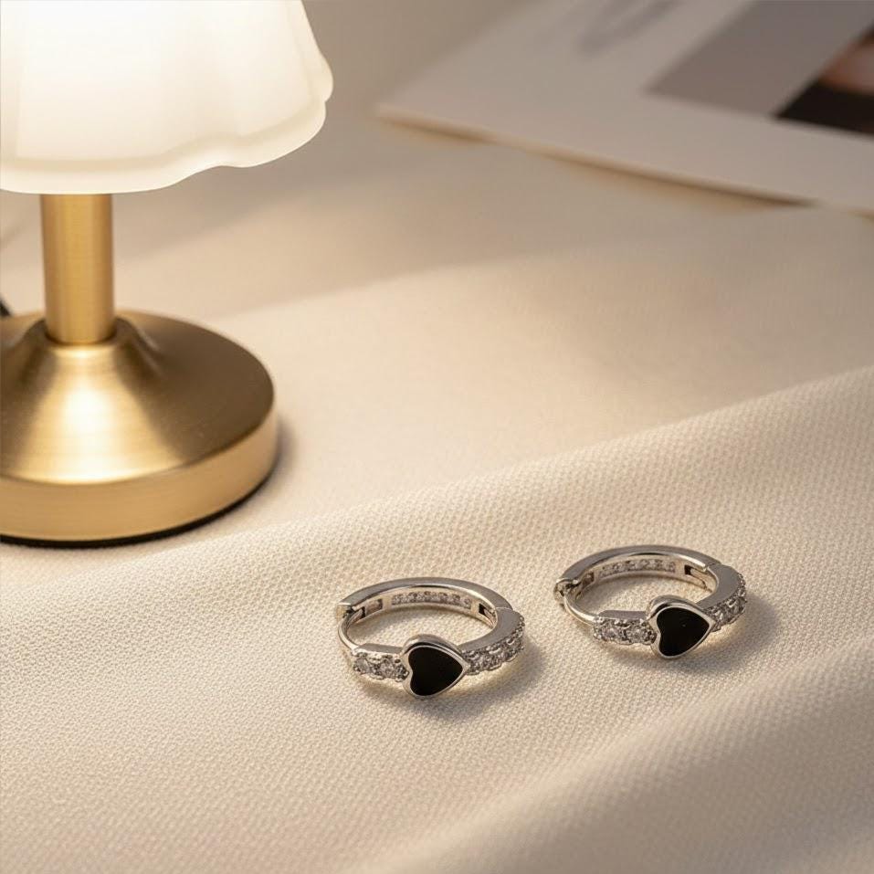 Sterling Silver Heart CZ Gem Circle Hoop Huggie Earrings