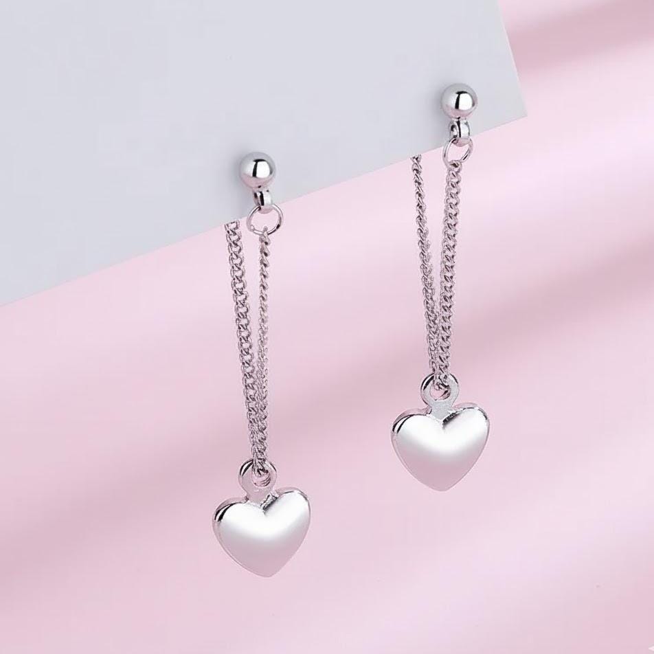Sterling Silver Heart Drop Dangle Chain Earrings