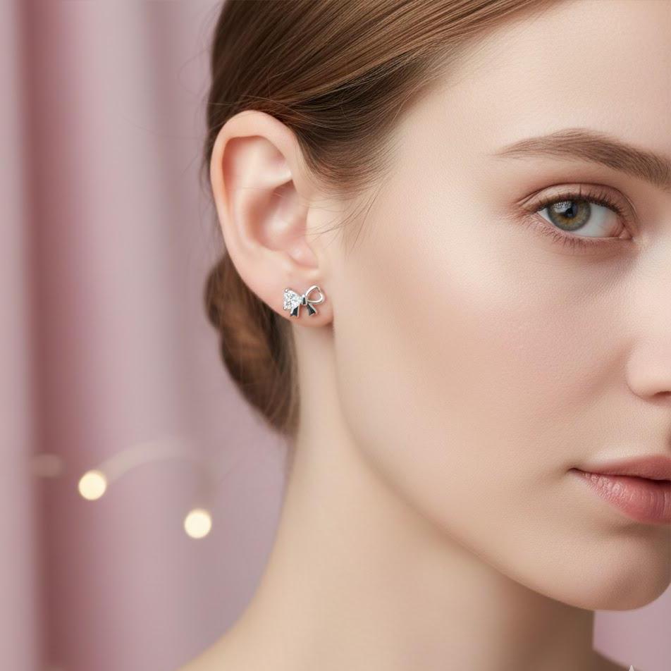 Sterling Silver Crystal Bow Stud Earrings