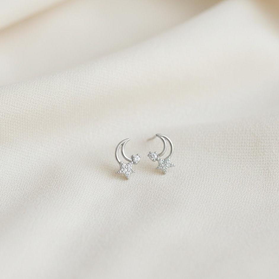 Sterling Silver Moon And Star CZ Stud Earrings