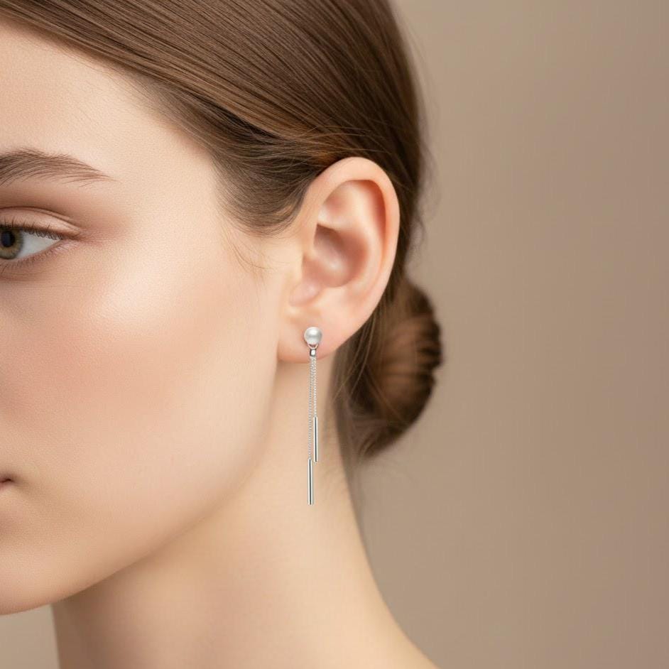 Long Chain Pearl Dangle Tassel Drop Earrings In Sterling Silver