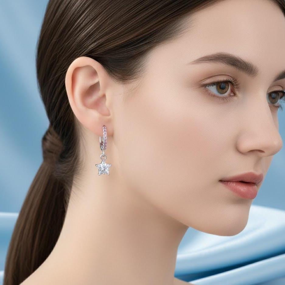 Sterling Silver Crystal Star Hoop Dangle Earrings