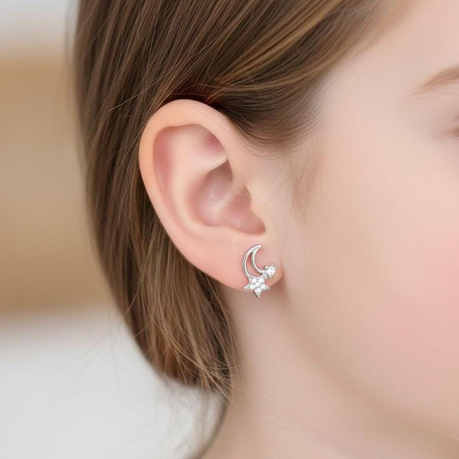 Sterling Silver Moon And Star CZ Stud Earrings
