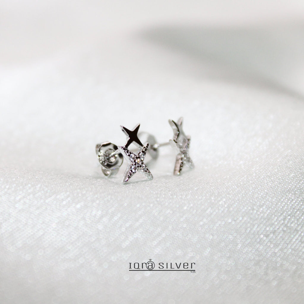 Sterling Silver Double Star Stud Earrings: Celestial Jewelry Gift