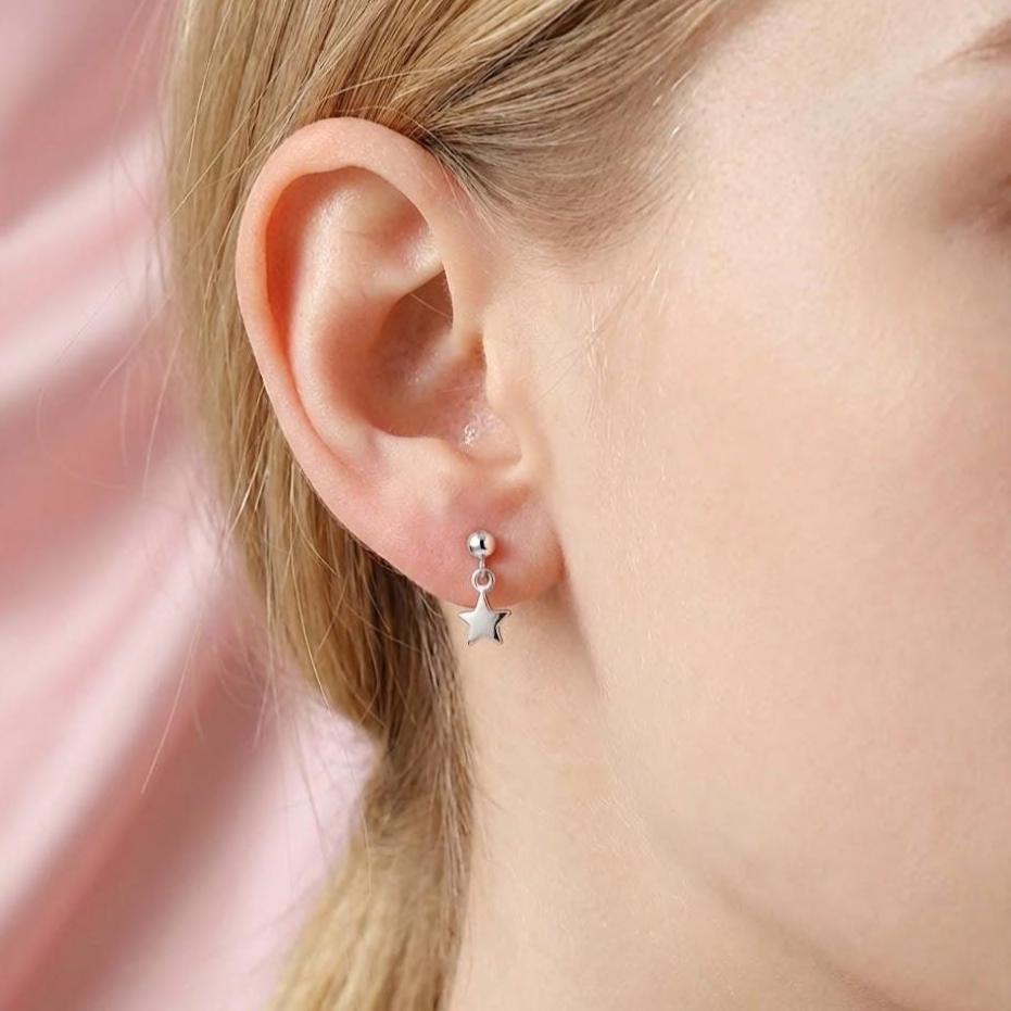 Sterling Silver Bead Star Charm Stud Earrings