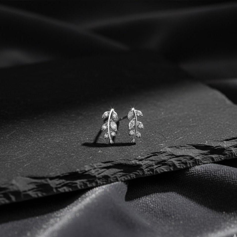 Sterling Silver Small Leaf CZ Gemstone Stud Earrings