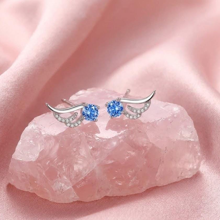 Blue Crystal Angel Wing Stud Earrings in Sterling Silver