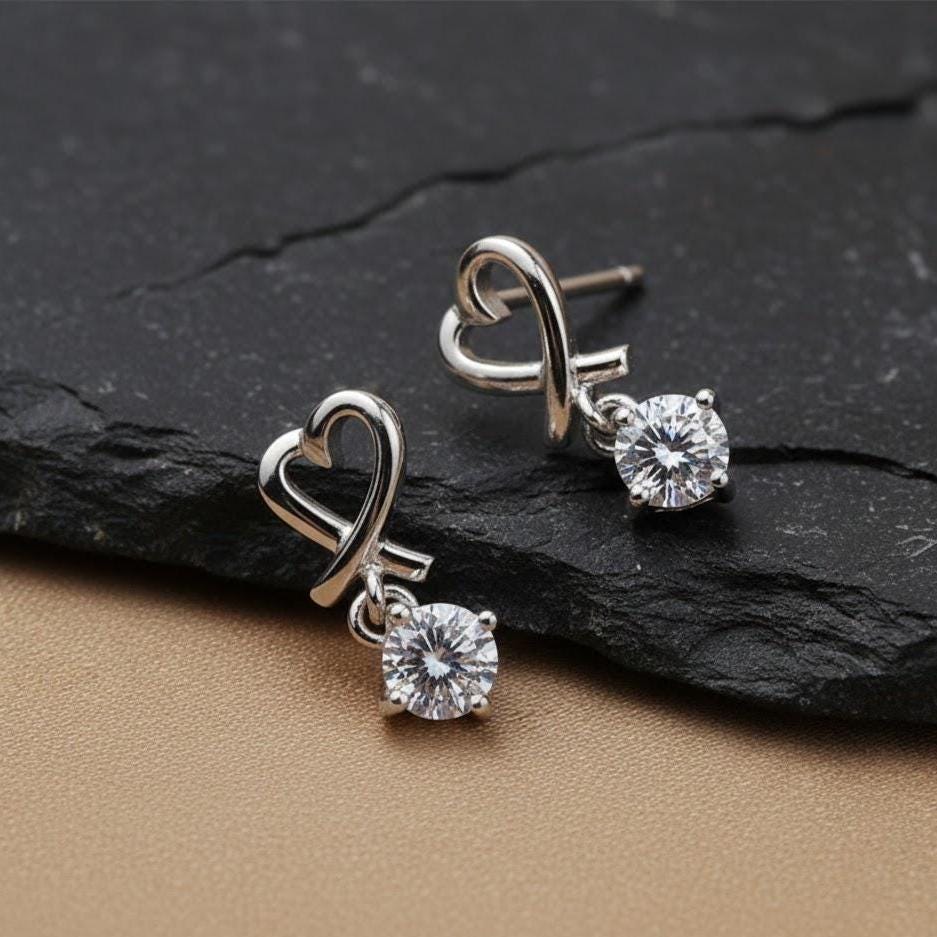 Sterling Silver Open Love Heart Ribbon CZ Drop Dangle Stud Earrings