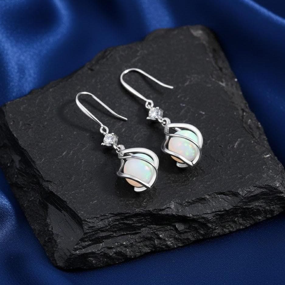 Sterling Silver Twist Opal Dangle Drop Earrings