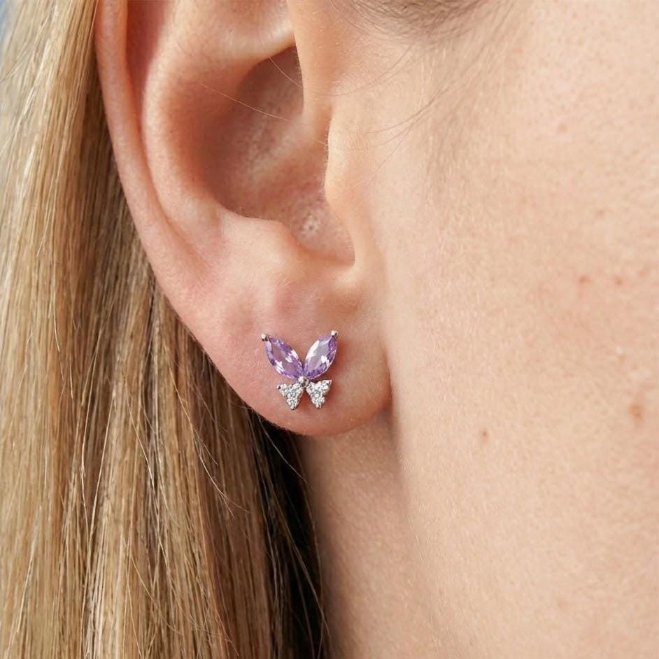 Sterling Silver Colorful Crystal Butterfly Stud Earrings
