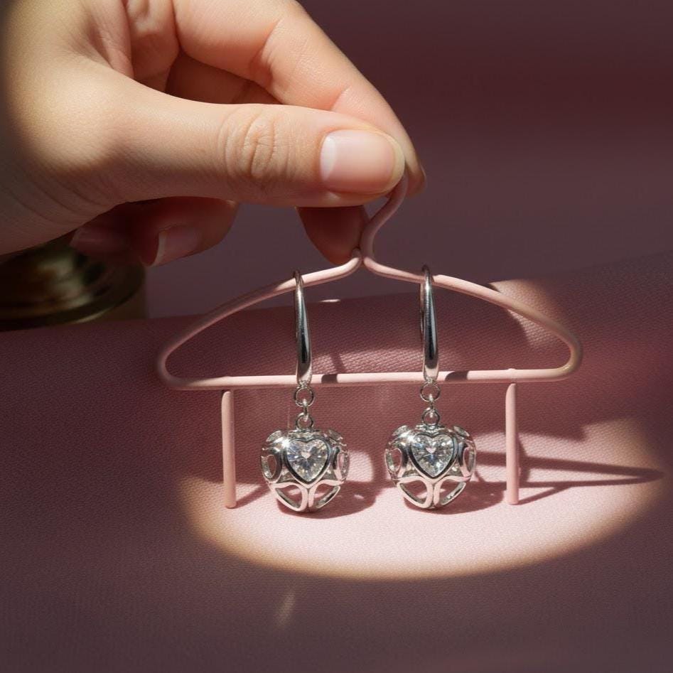 Sterling Silver Hollow Love Heart Dangle Drop Hook Earrings