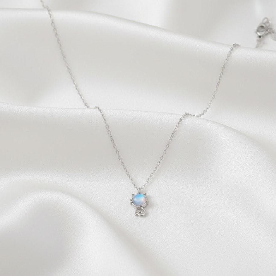 Moonstone Cat Heart Pendant Necklace in Sterling Silver