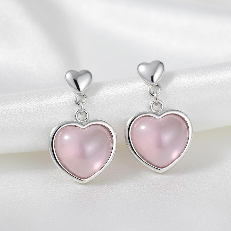 Sterling Silver Pink Heart Rose Quartz Stud Earrings
