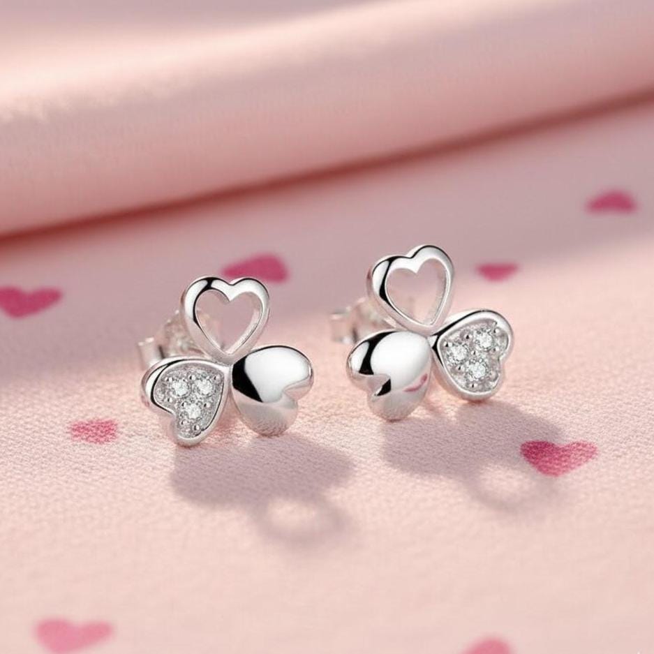 Sterling Silver Crystal Love Clover Stud Earrings