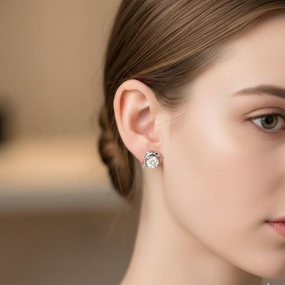 Sterling Silver Crystal Dolphin Ear Stud Earrings