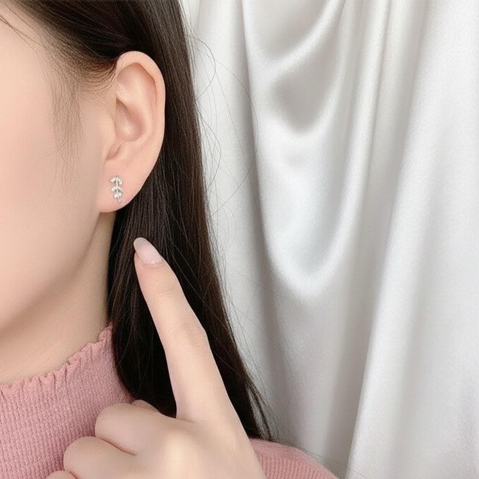 Sterling Silver Small Leaf CZ Gemstone Stud Earrings