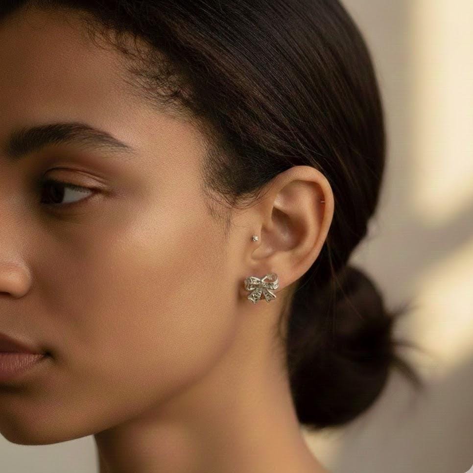 Sterling Silver Bow Tie Heart Stud Earrings