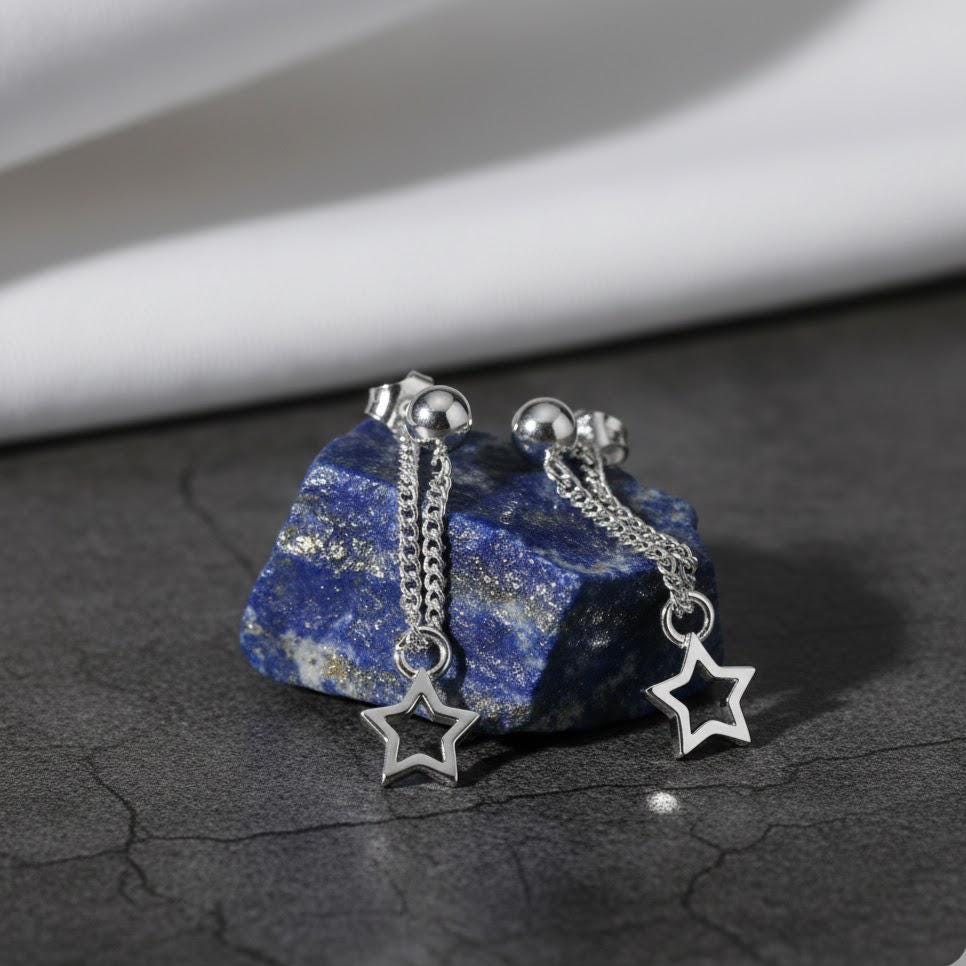 Sterling Silver Star Dangle Drop Stud Earrings