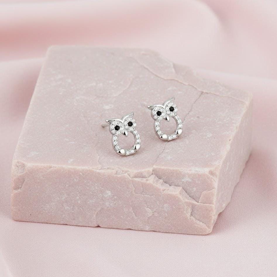 Sterling Silver Owl CZ Gemstone Stud Earrings