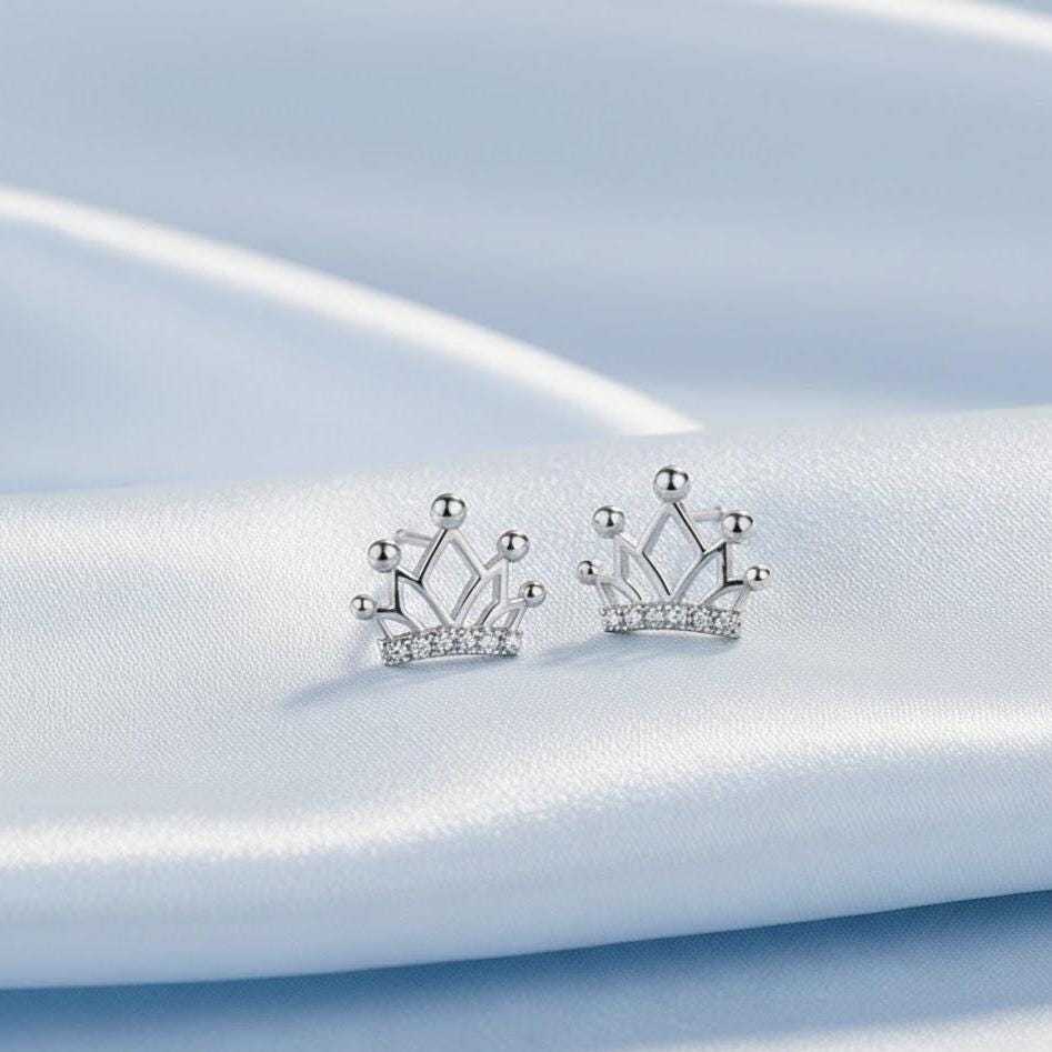 Sterling Silver Crystal Crown Stud Earrings