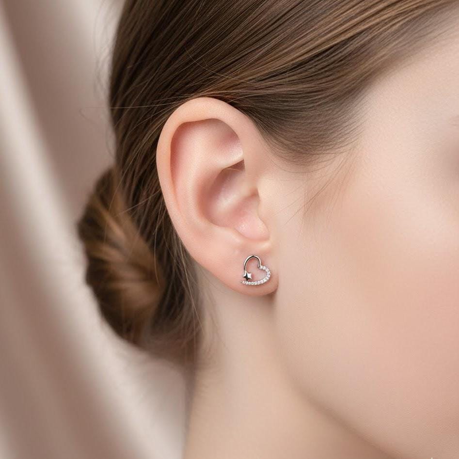 Sterling Silver Crystal Heart & Star Stud Earrings