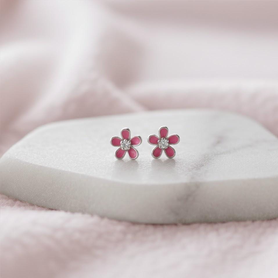 Pink Cherry Blossom Flower Stud Earrings in Sterling Silver