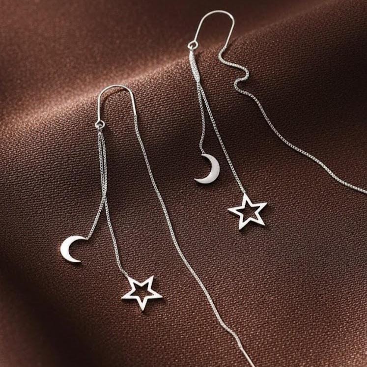 Sterling Silver Moon Star Tassel Drop Earrings