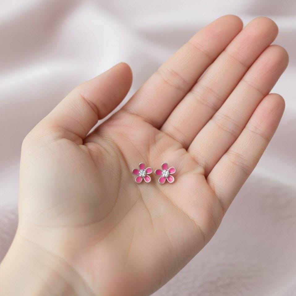 Pink Cherry Blossom Flower Stud Earrings in Sterling Silver